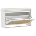 Banc à chaussures, banc de rangement, assise rembourrée, tiroir rabattable, porte en rotin, 80 x 26 x 47,5 cm, blanc-0