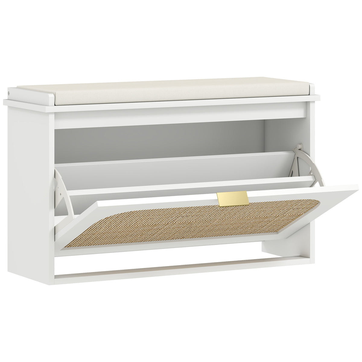 Banc à chaussures, banc de rangement, assise rembourrée, tiroir rabattable, porte en rotin, 80 x 26 x 47,5 cm, blanc-0