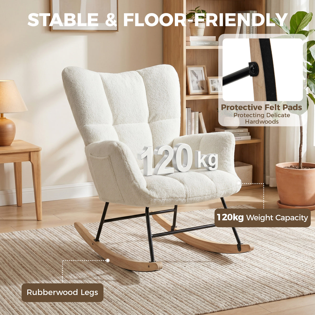 Fauteuil à Bascule, Rocking Chair en Peluche Teddy, Poches Latérales, Dossier à Oreilles Capitonné, Crème-7