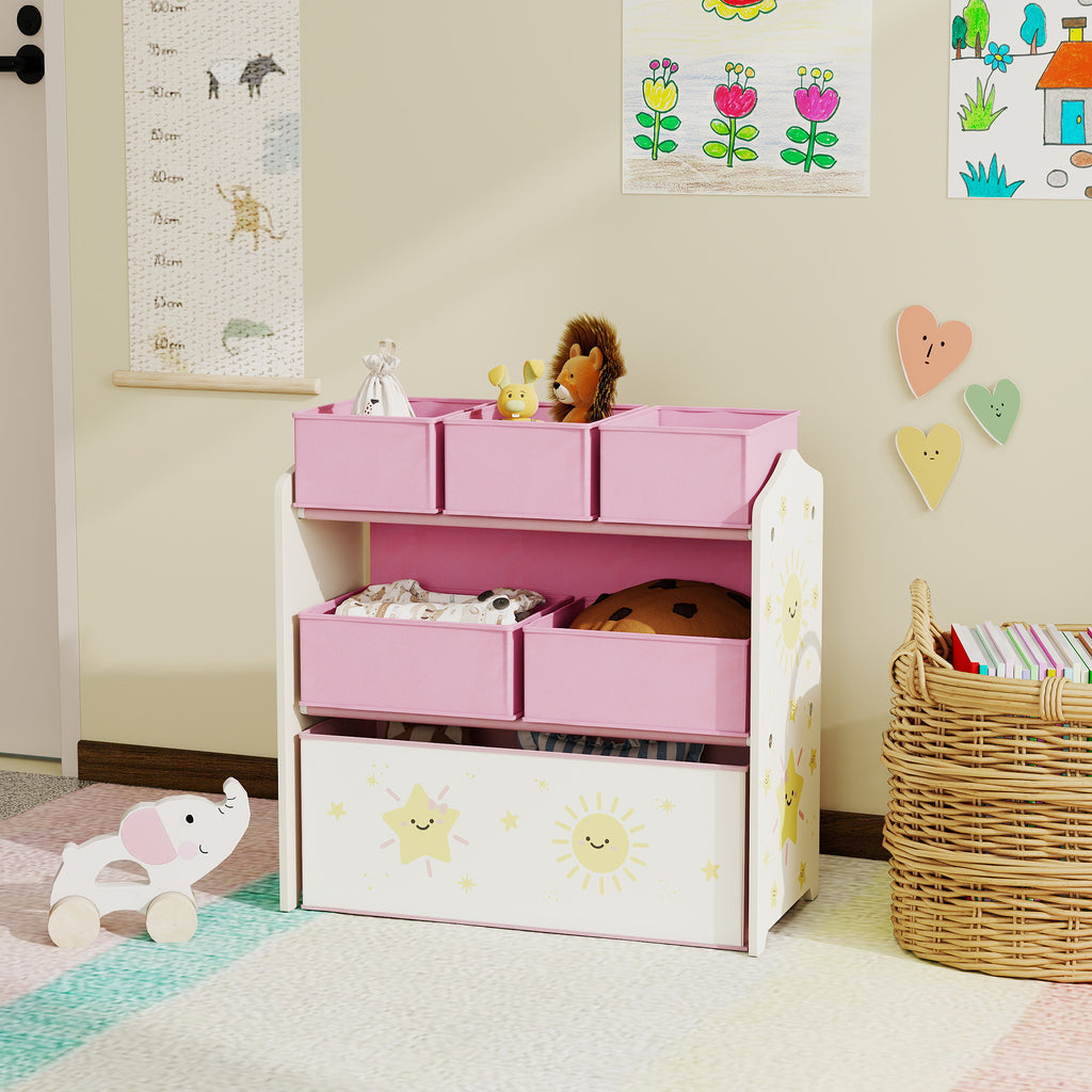 Meuble rangement enfant à 3 niveaux, étagère de rangement pour jouets enfants avec 6 boîtes en tissu amovibles, rose-7