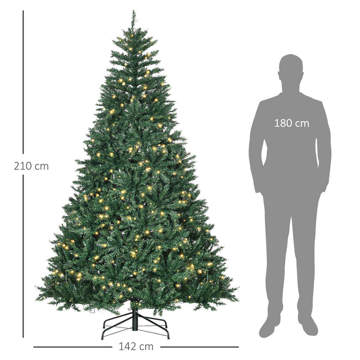 Sapin de Noël Artificiel Lumineux 210H cm LED x 700 Blanc Chaud + Support Pied 2154 Branches Vert-2