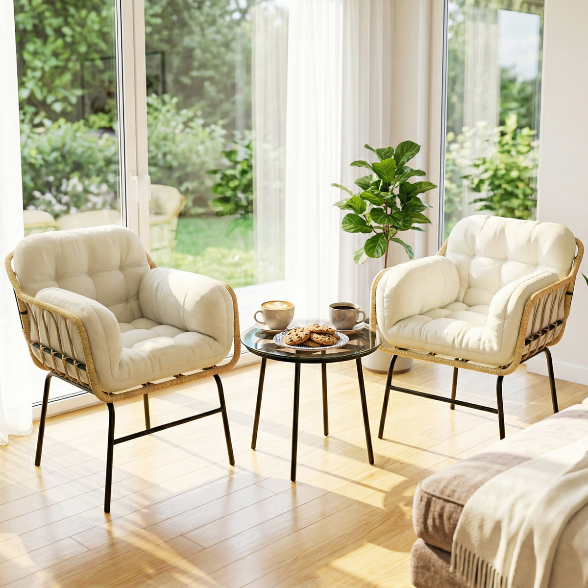 Salon de Jardin Extérieur 3 Pièces en Résine Tressée, Table en Verre Trempé, 2 Fauteuils avec Coussins, 62x73x79cm, Crème-7
