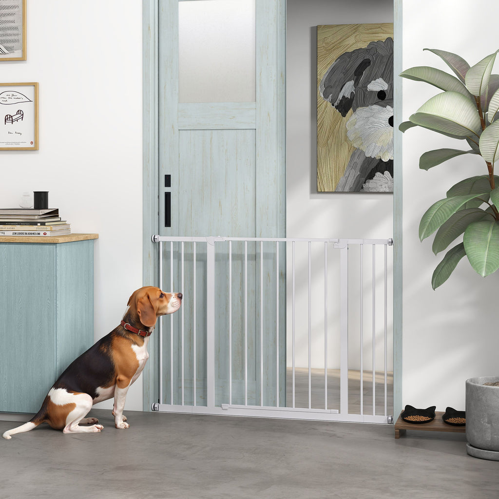 Barrière de Sécurité Chien Réglable 76-107 cm, avec 2 Rallonges (10/15 cm), Ouverture d'une Main, sans Perçage, Blanc-9