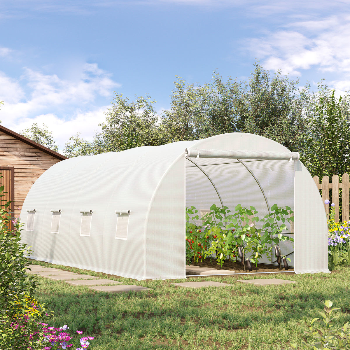 Serre de Jardin Tunnel Surface Sol 18 m² 6L x 3l x 2H m châssis Tubulaire renforcé 24 mm 8 fenêtres Blanc-9