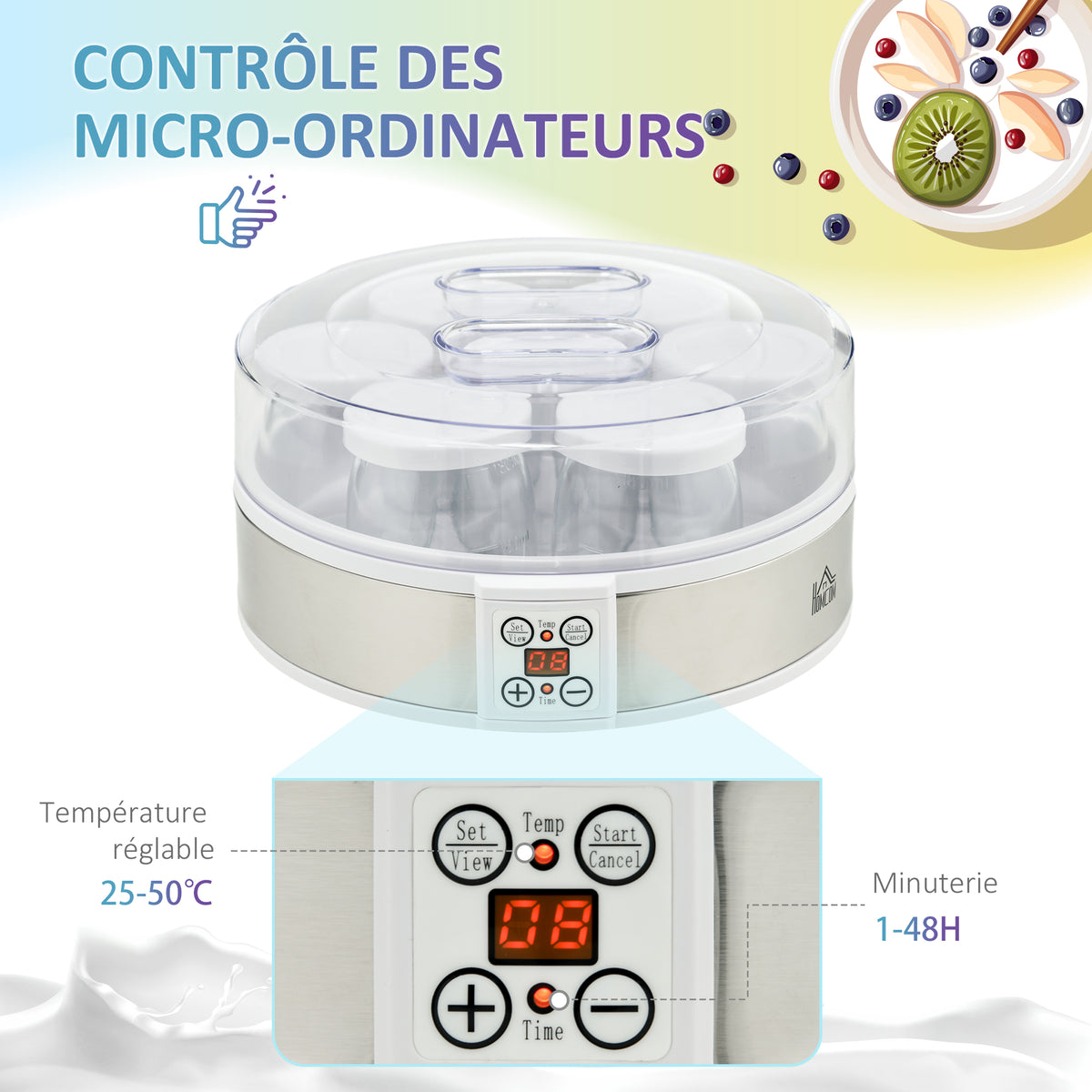 Yaourtière 7 pots de 180ml machine à yaourt électrique en acier inoxydable thermostat réglable 24 x 24 x 13 cm blanc-5