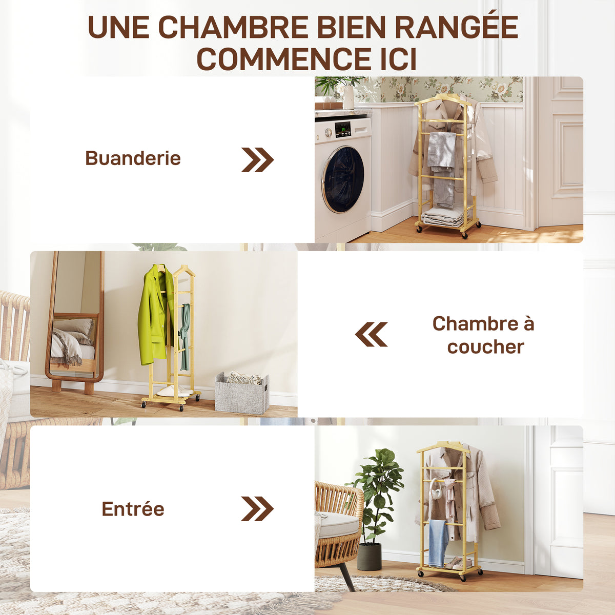 Portant à vêtements sur roulettes, porte-manteaux en bambou, double cintre intégré, 47 x 33,7 x 105,5 cm, bois naturel-6
