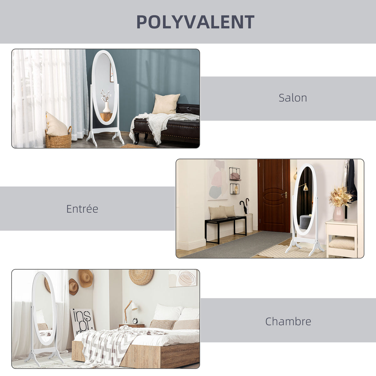 Miroir à Pied Ovale Style Shabby Chic Inclinaison réglable dim. 48L x 46l x 147H cm MDF Blanc-4