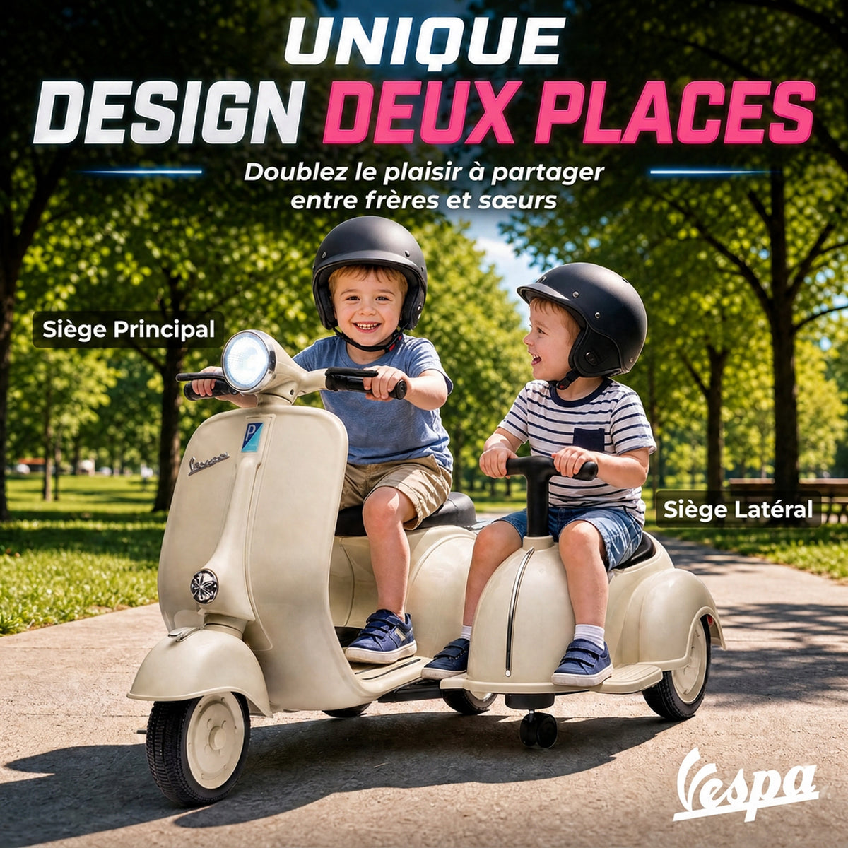 Moto Électrique Enfants sous Licence VESPA 6V 2 Places, Vitesse 3-5 Km/h, Démarrage Progressif, Crème-4