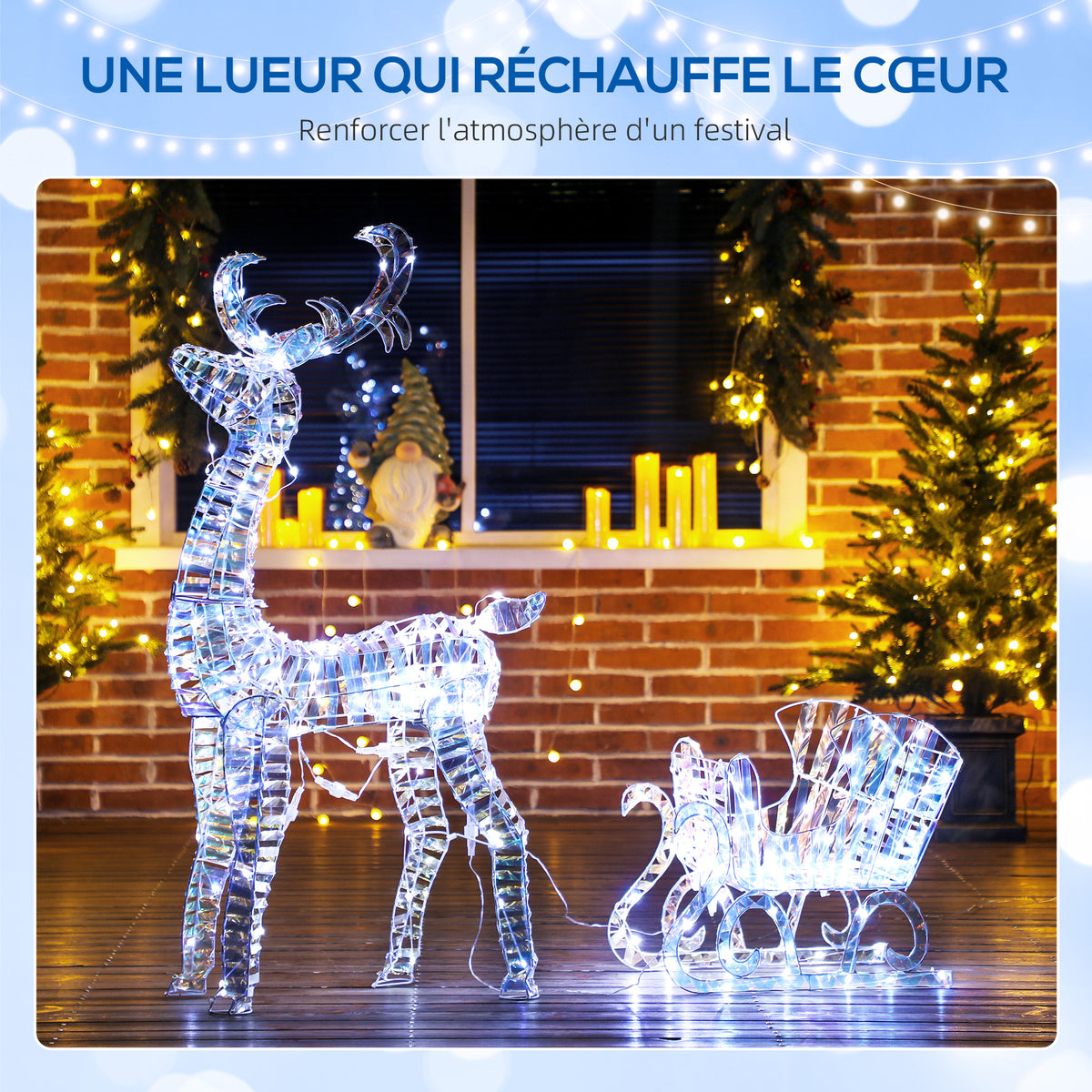 Renne et traîneau lumineux de Noël avec 170 LED blanc chaud, décoration de Noël pour intérieur et extérieur, 60x29x115cm-3