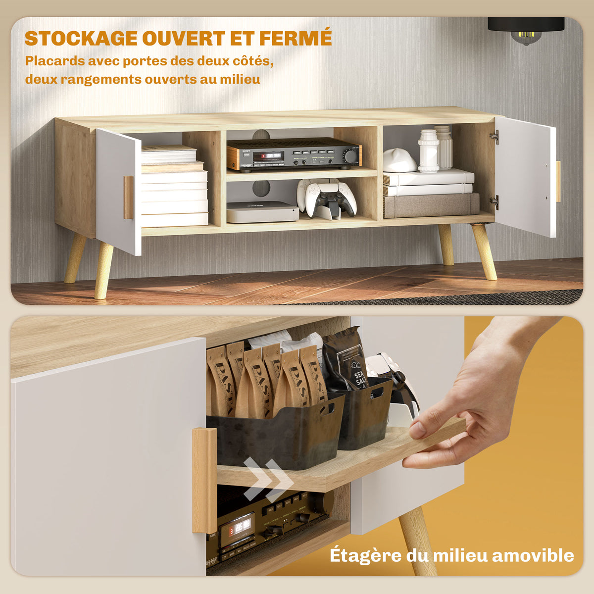Meuble TV meuble télé bois banc TV jusqu'à 50 pouces avec étagères, 2 placards et passe-câbles, chêne-3