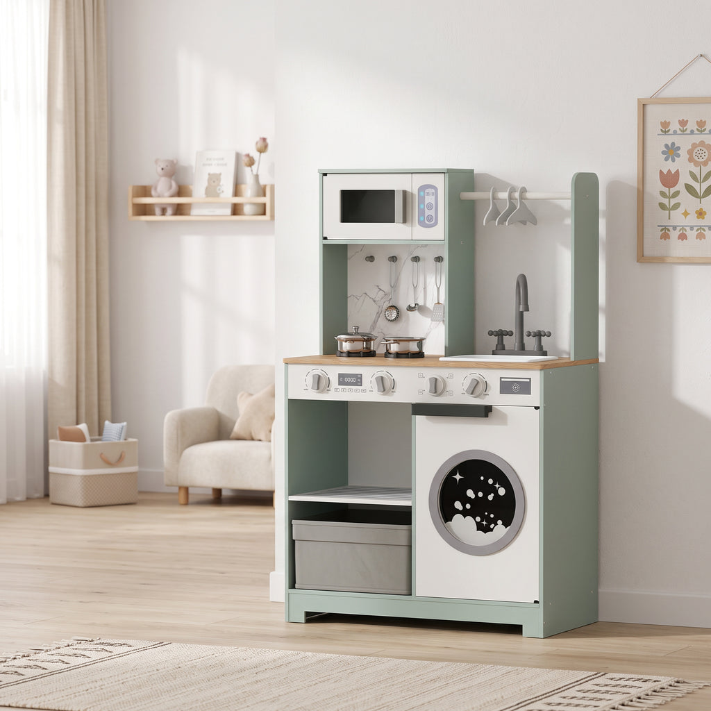 Cuisine enfant jouet d'imitation, dinette enfant avec cuisinière, évier, micro-ondes, 5 accessoires, vert-1