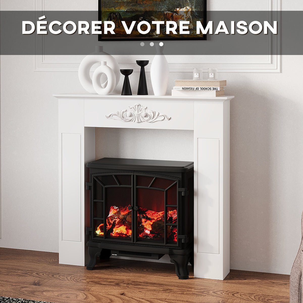 Manteau de cheminée encadrement cadre décoratif pour cheminée électrique 101 x 19 x 100 cm bois blanc-3