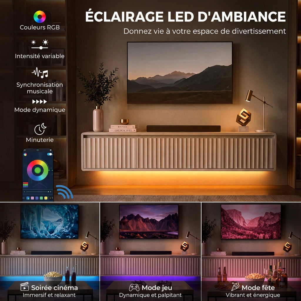 Meuble TV Suspendu Flottant 120 cm avec Éclairage LED et Prises, Meuble Télé pour Téléviseur 65 Pouces, Blanc-5