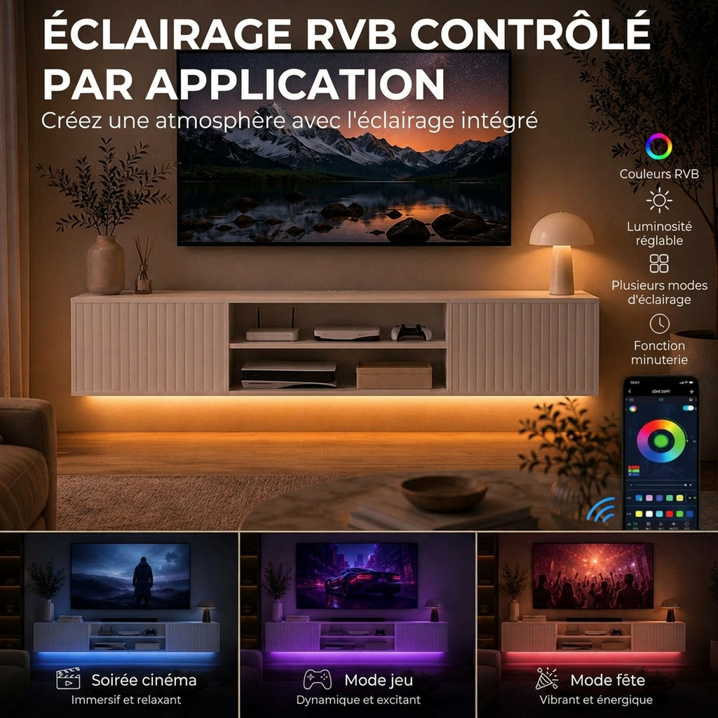 Meuble TV Suspendu Flottant 140cm avec Éclairage LED et Prises, 2 Portes Cannelées et Étagère Réglable, Blanc-5