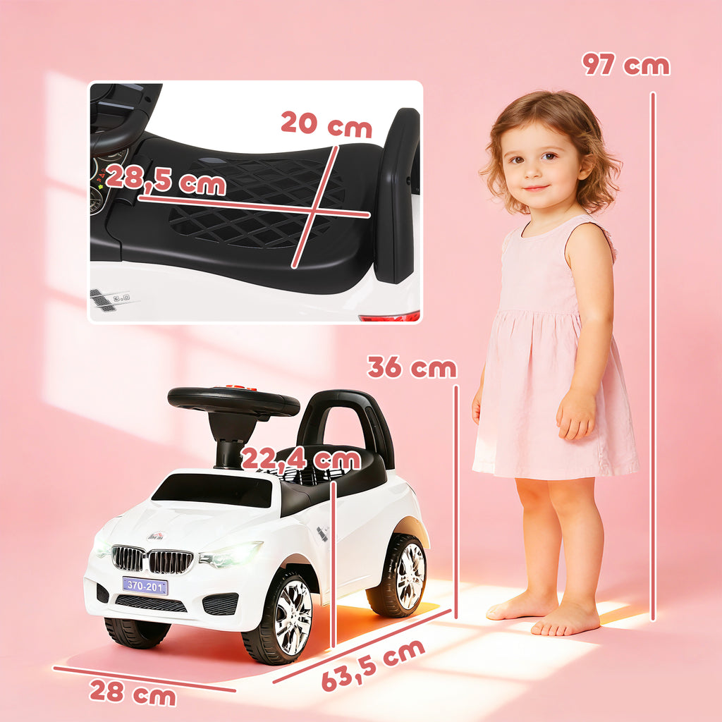 Porteur enfants voiture, véhicule à pousser avec coffre à jouets, klaxon, phares et musique, 63,5 x 28 x 36 cm, blanc-2