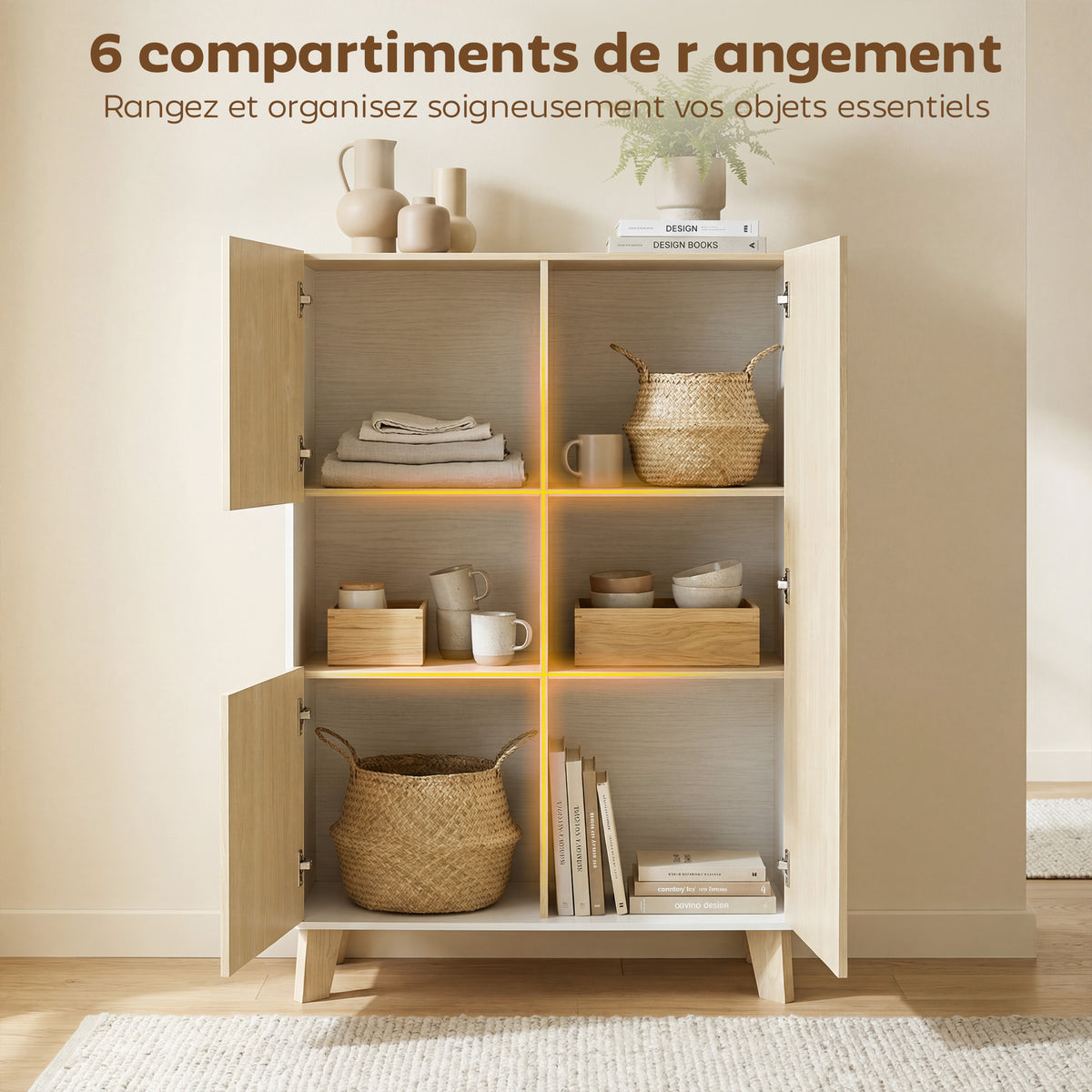 Buffet salon, meuble de rangement à 6 compartiments et portes à fermeture amortie, 80x40x135cm, blanc et bois naturel-4