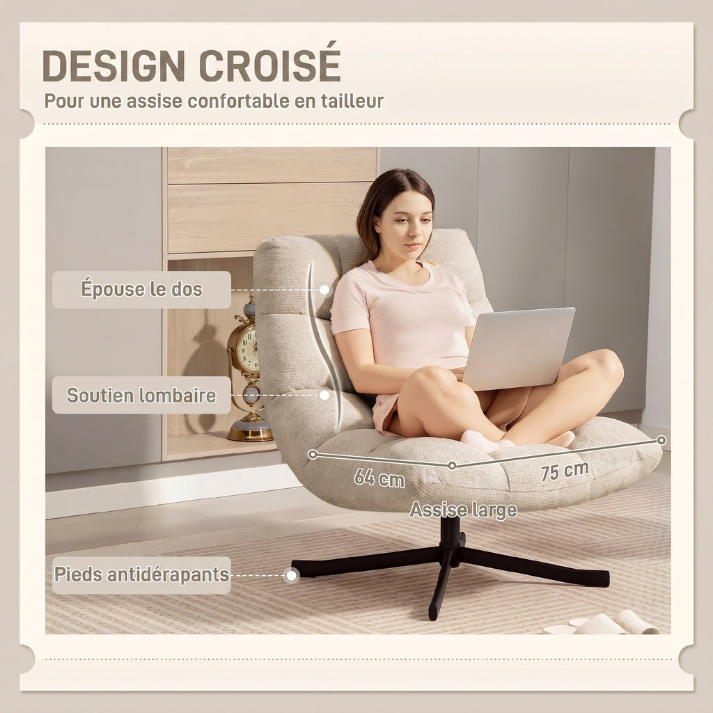 Fauteuil Salon sans Accoudoirs, Chaise Pivotante en Tissu Chenille, Assise Large, 75 x 95 x 90 cm, Crème-3
