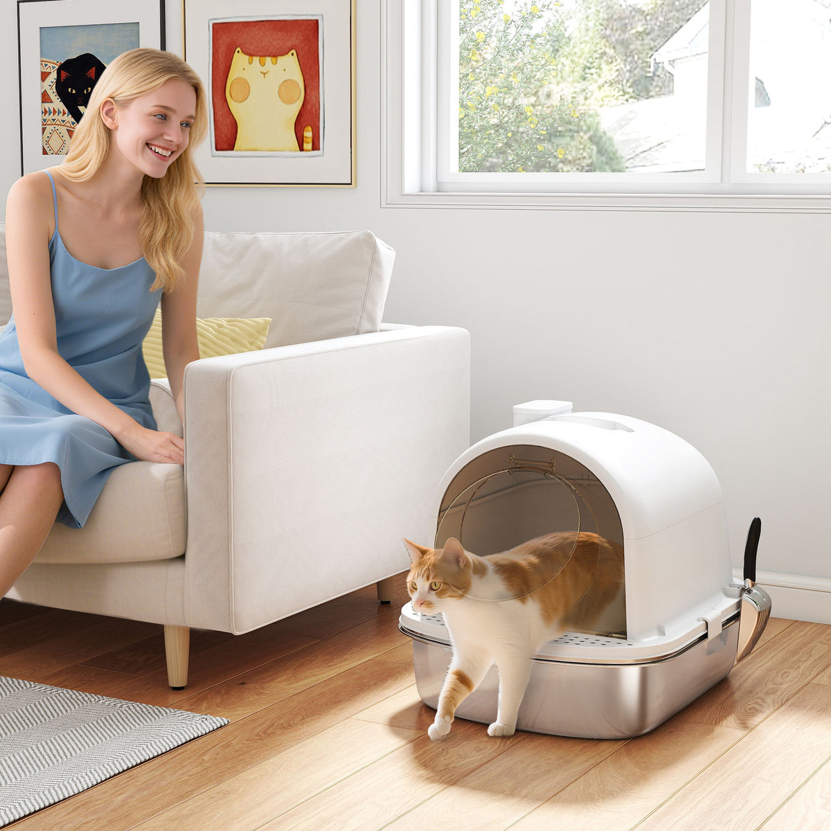 Maison de toilette pour chat bac à litière fermé bac acier inoxydable, nettoyage facile, 52,4 x 41,3 x 39,9 cm, blanc-9
