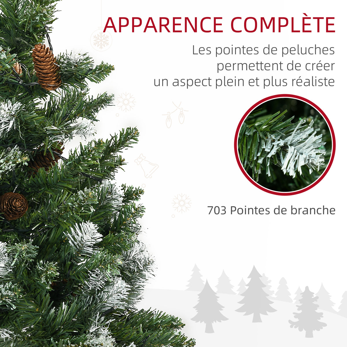 Sapin de Noël artificiel lumineux 703 branches 250 LED 30 pommes de pin support pied pliable hauteur 180 cm Ø 80 vert-4