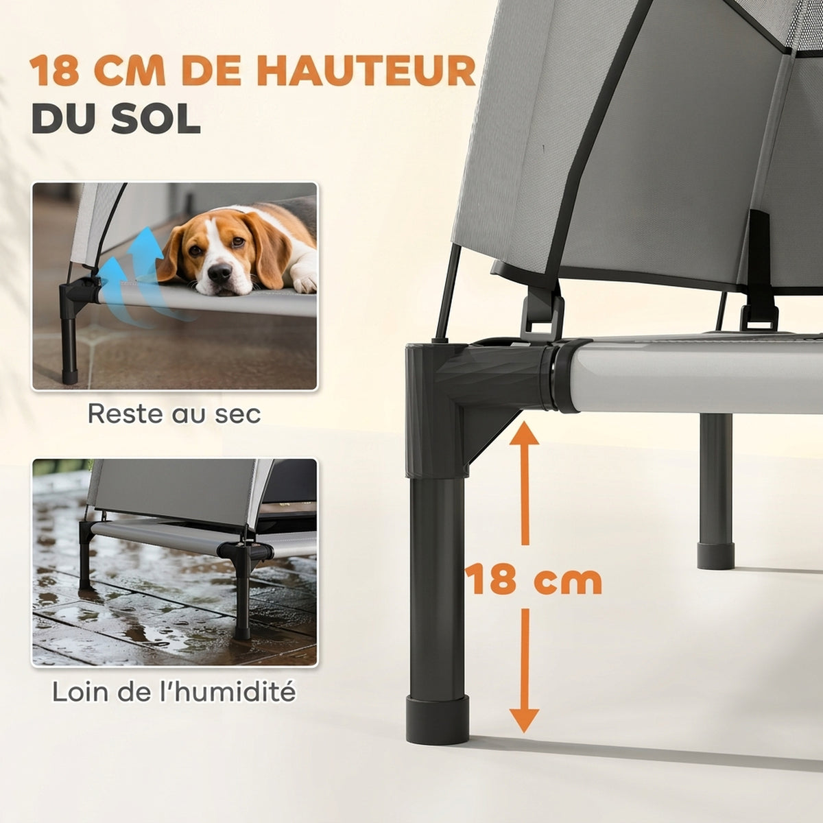 Lit pour Chien Surélevé Tente pour Chien avec Auvent Tente 3 Côtés Respirant Textilène Sac 76x61x70cm Gris Clair-4