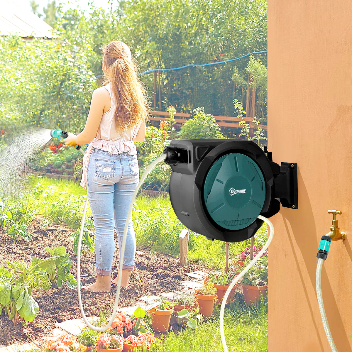 Enrouleur Tuyau Arrosage Mural 25 m x Ø 15 mm Dévidoir Automatique de Tuyaux d'Eau Rétractable Automatique vert-1