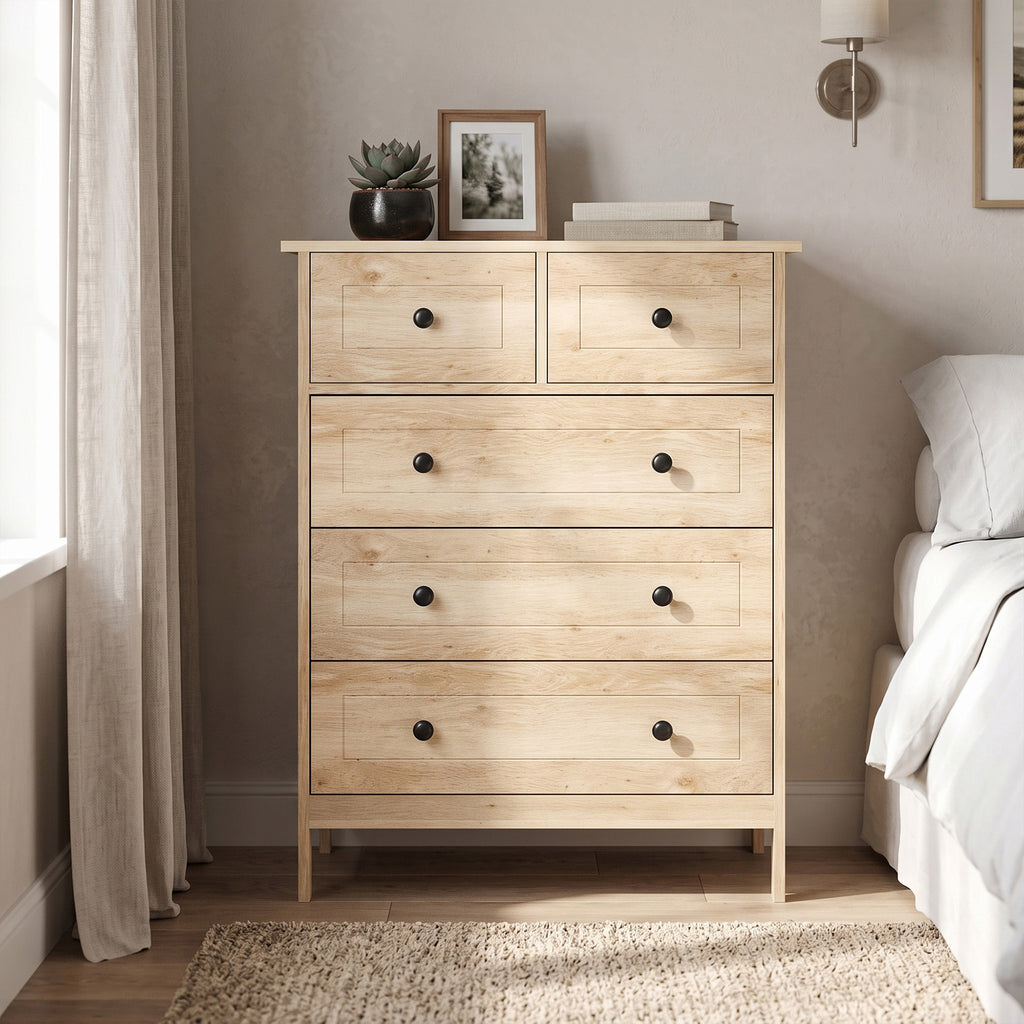 Commode meuble de rangement 5 tiroirs pour chambre, bureau, entrée, chêne et poignée métal noir-7