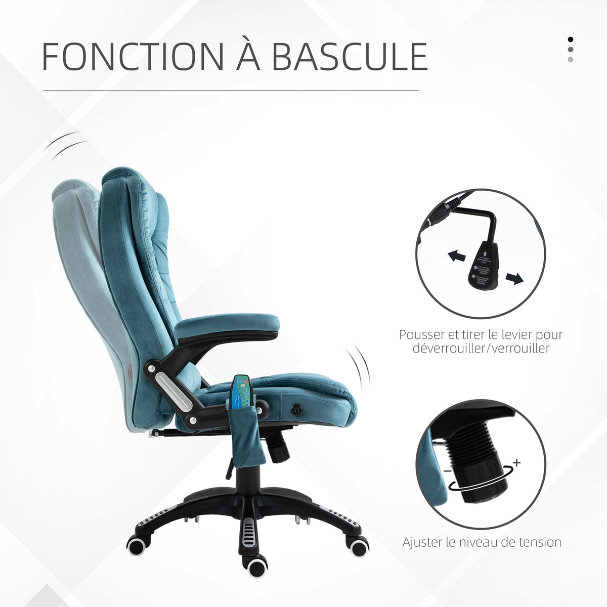 Fauteuil de bureau massant et chauffant, chaise de bureau, chaise ergonomique avec hauteur réglable, dossier inclinable et télécommande filaire, pivotant à 360° tissu en polyester bleu-4