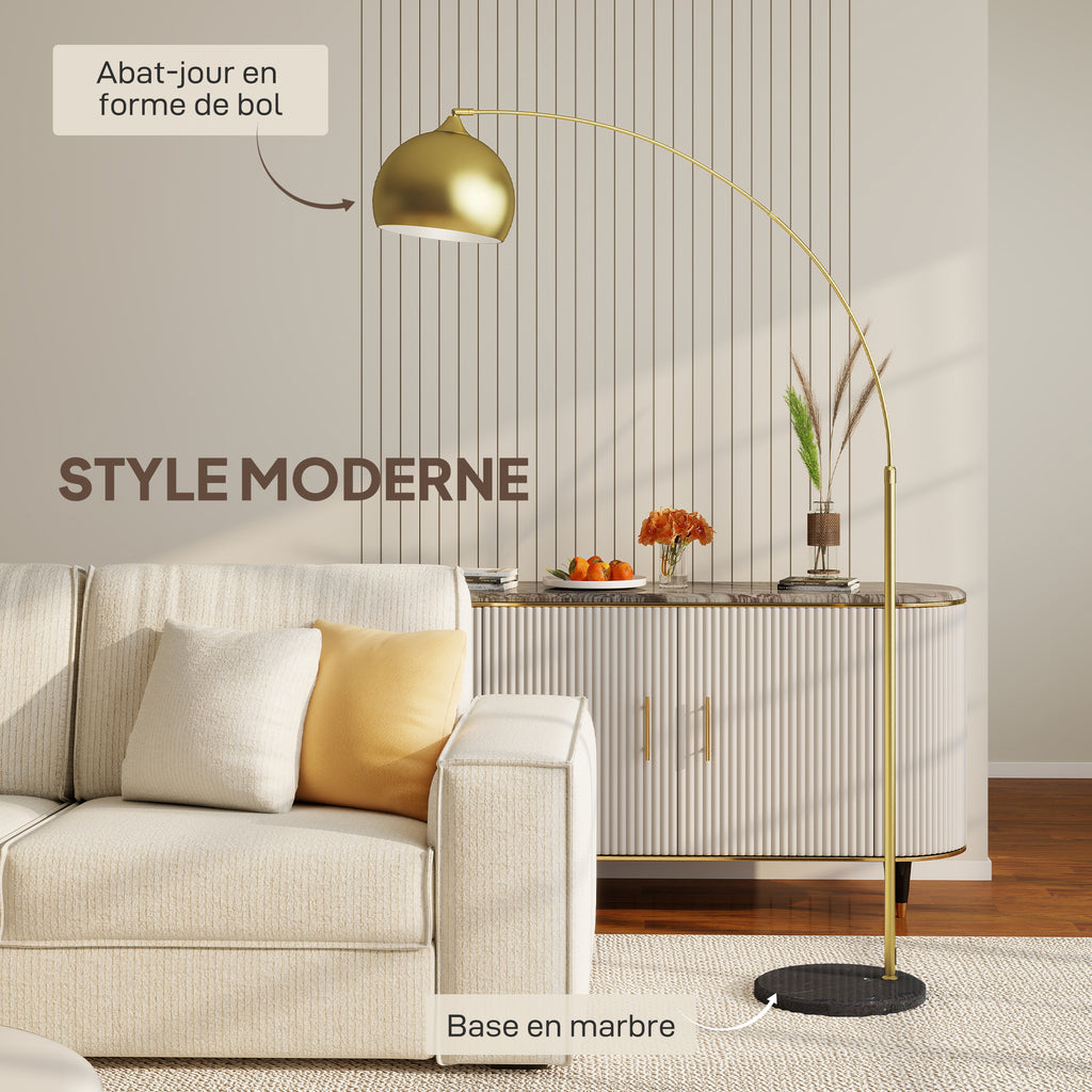 Lampadaire lampe de salon arc réglable pied marbre style vintage 40W E27 dim. 100-115L x 30l x 170-180H cm doré-3
