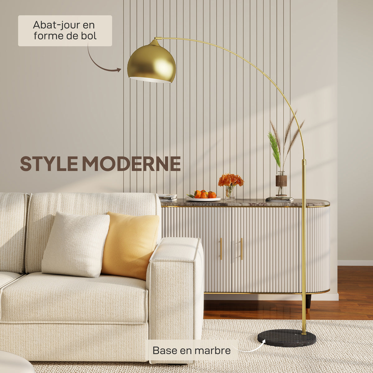 Lampadaire lampe de salon arc réglable pied marbre style vintage 40W E27 dim. 100-115L x 30l x 170-180H cm doré-3