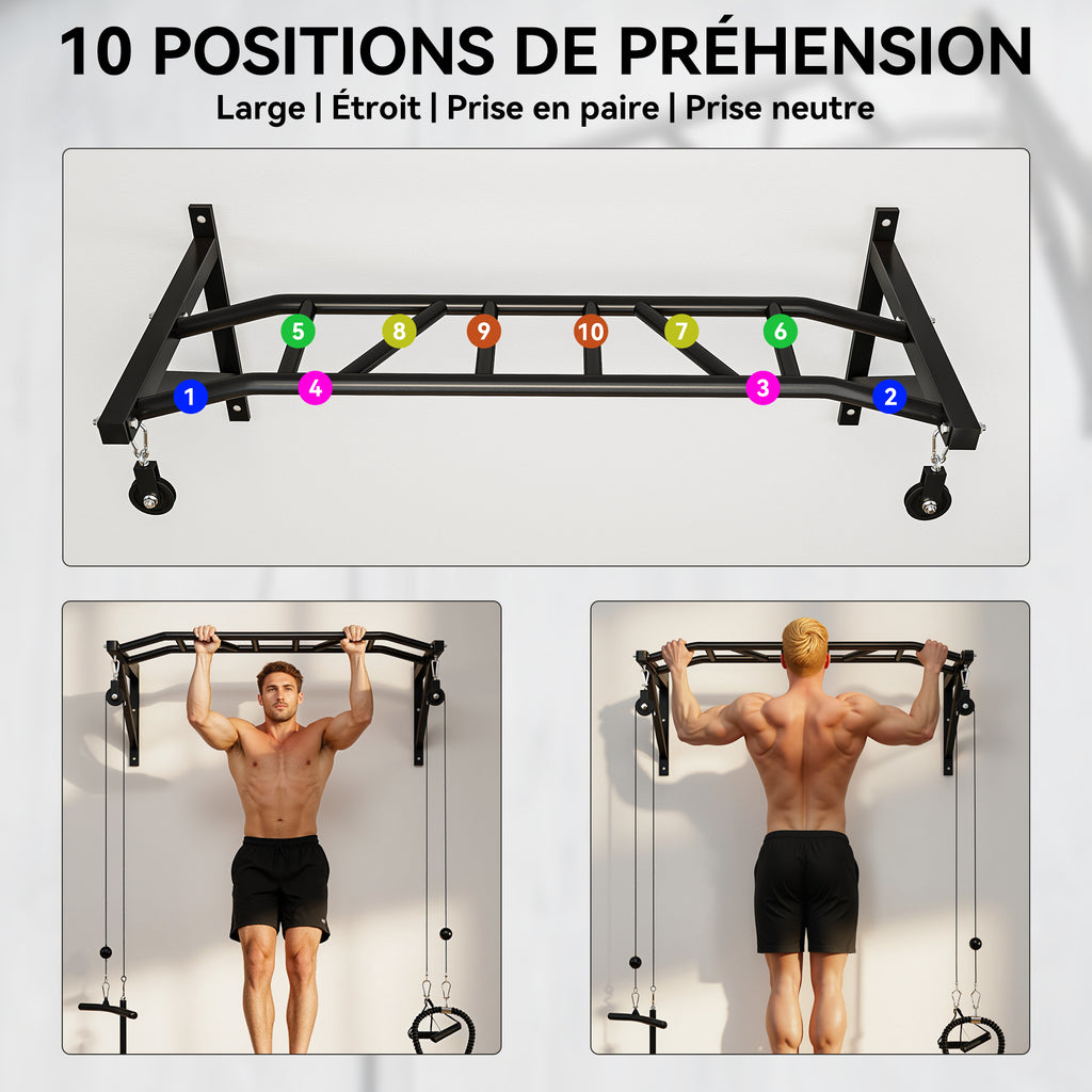 Barre de traction murale barre de fitness multi-prise système de poulie à câble charge 200kg, acier 126x60x45,5cm, noir-3