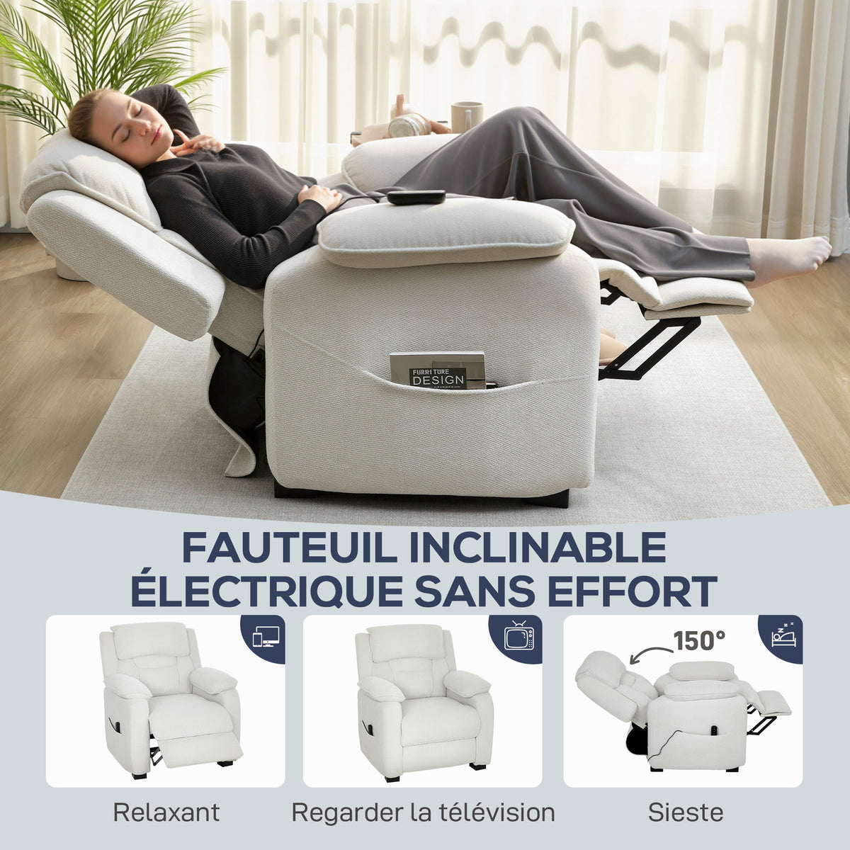 Fauteuil relax électrique fauteuil inclinable port USB repose-pieds poches latérales télécommande 86x90x103cm crème-3