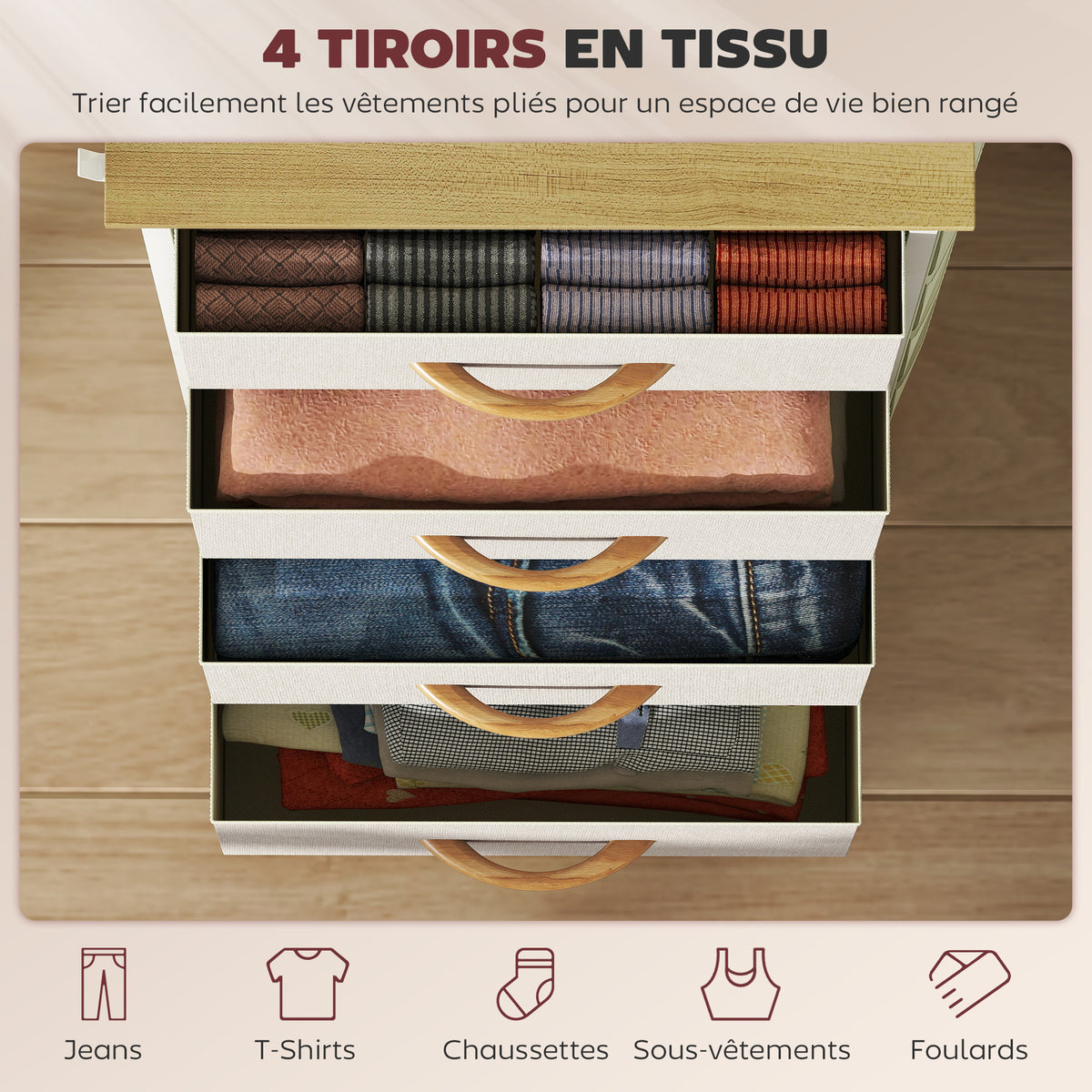 Commode 4 tiroirs en tissu, meuble de rangement avec 4 poches, 2 crochets, structure en acier, 45 x 30 x 94,5 cm, beige-3