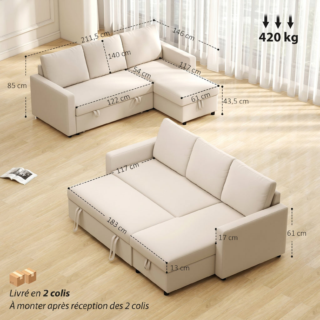 Canapé d'angle convertible modulable avec méridienne réversible, coffre de rangement et 3 coussins de dossier, crème-2