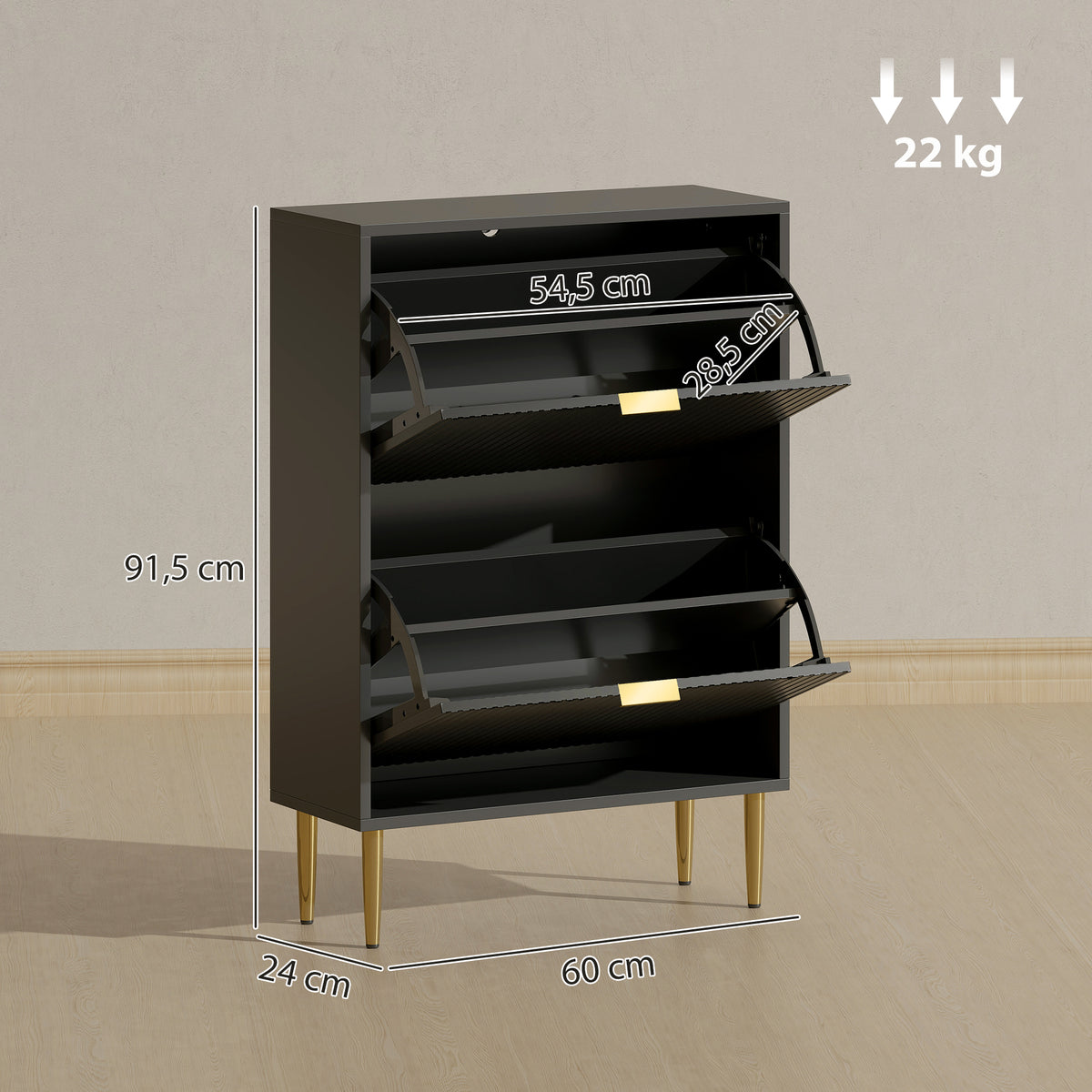 Meuble à chaussures 12 paires avec 2 tiroirs rabattables, portes cannelées et étagères réglables, 60x24x91,5cm, noir-2