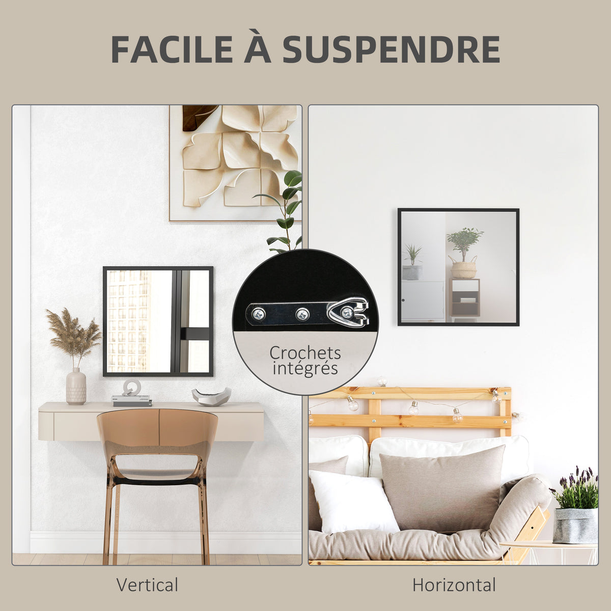 Miroir mural carré 50 x 50 cm, cadre en bois noir, idéal pour la salle de bain, salon ou chambre-4
