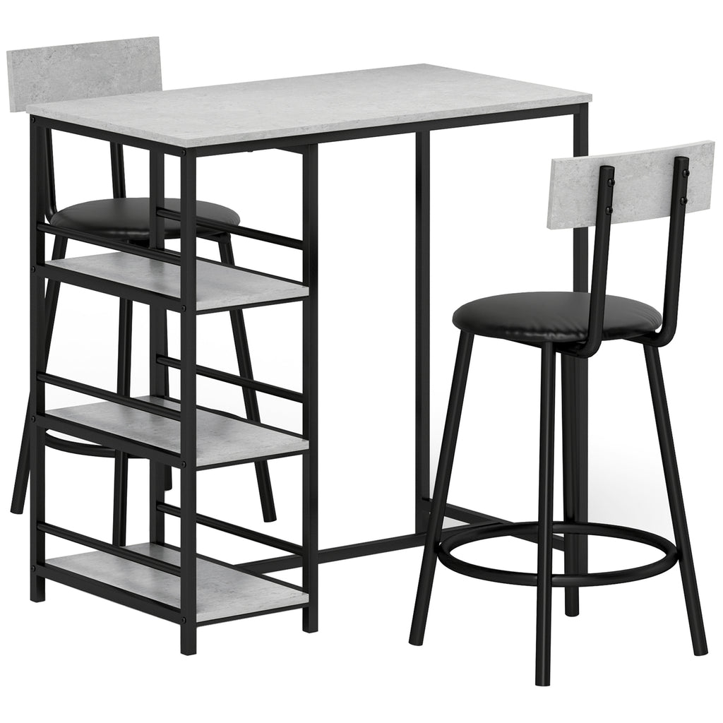 Ensemble table de bar avec 2 tabourets et étagères de rangement pour salle à manger, cuisine, gris et noir-0