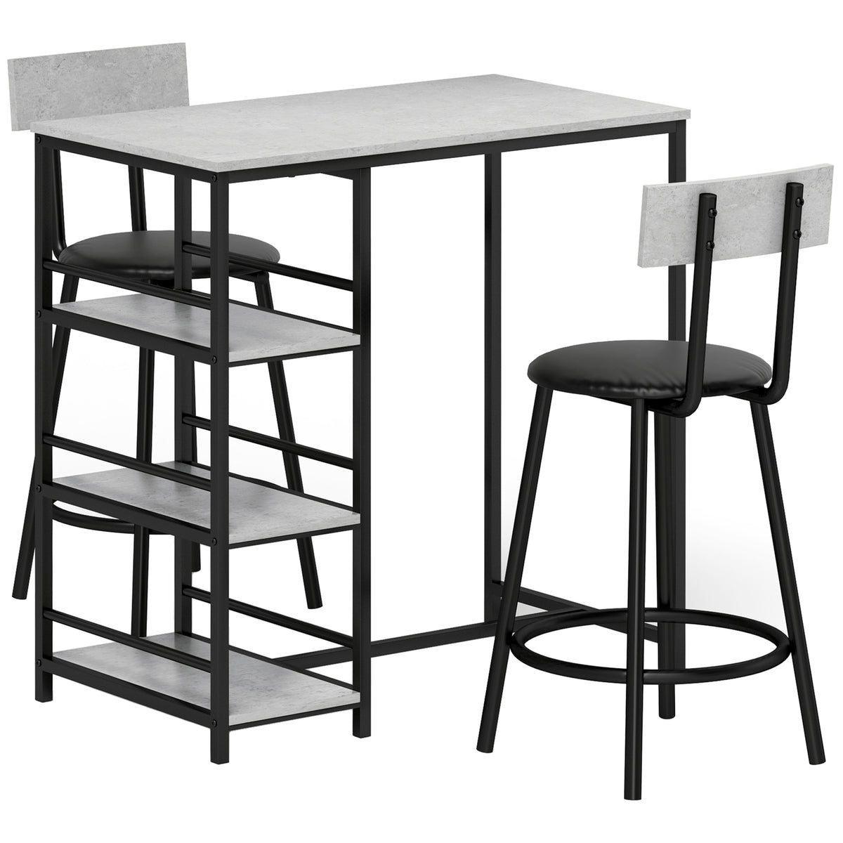 Ensemble table de bar avec 2 tabourets et étagères de rangement pour salle à manger, cuisine, gris et noir-0