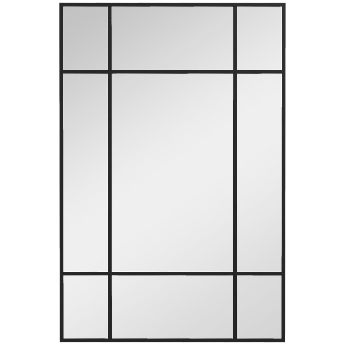 Miroir mural verrière rectangulaire style fenêtre, horizontal ou vertical avec 4 crochets, en métal noir - 90x60 cm-0