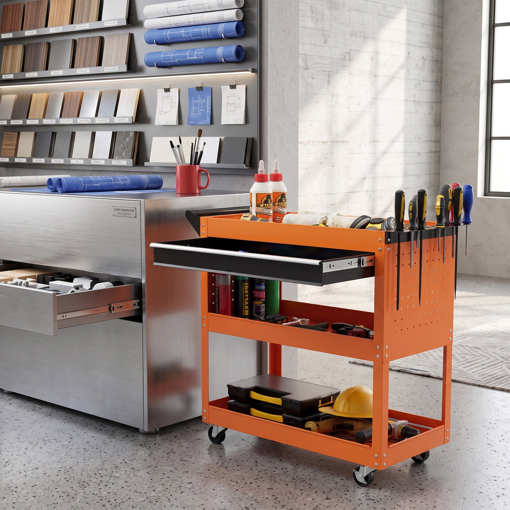 Chariot d'atelier servante atelier à 3 niveaux avec tiroir, porte-outils latéral et poignée, 82x35x76 cm, orange-7