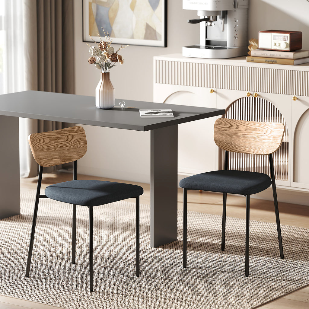 Lot de 2 chaises de salle à manger avec pieds en acier, dossier incurvé et assise rembourrée, gris et effet bois naturel-9