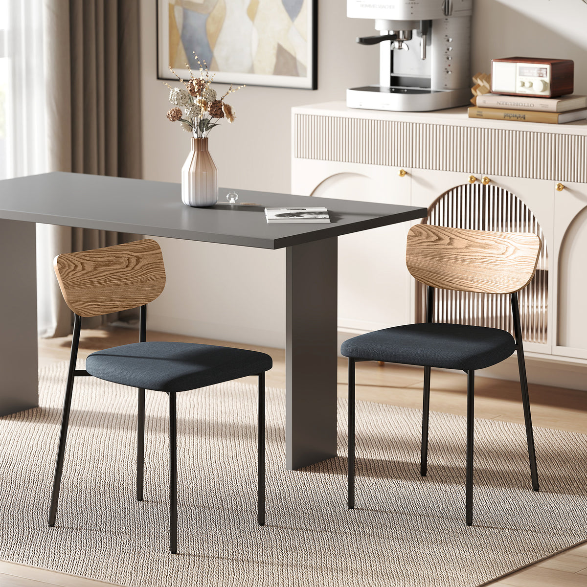 Lot de 2 chaises de salle à manger avec pieds en acier, dossier incurvé et assise rembourrée, gris et effet bois naturel-9