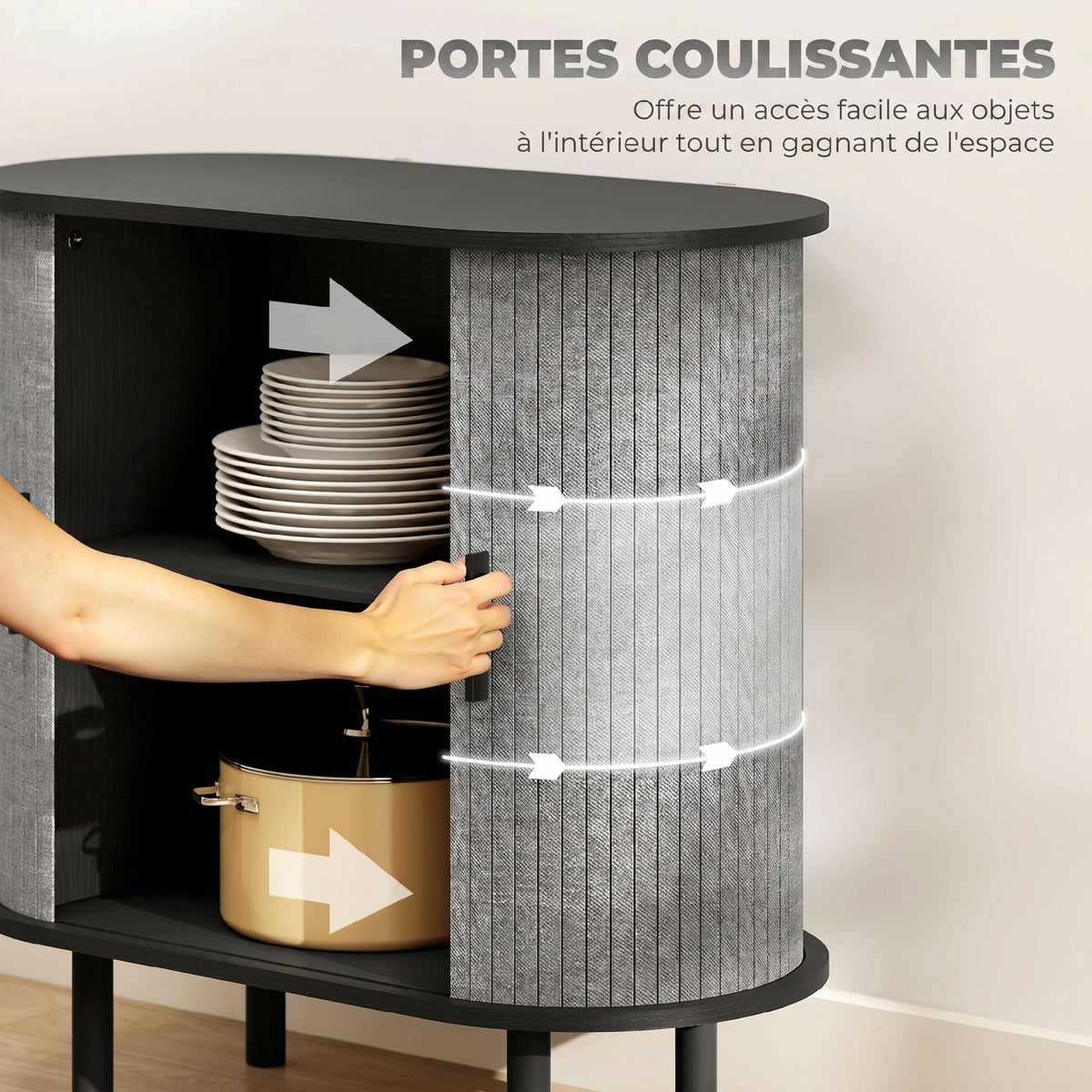 Buffet salon, meuble de rangement ovale avec 2 portes coulissantes et 2 compartiments, 80 x 40 x 78 cm, gris-4