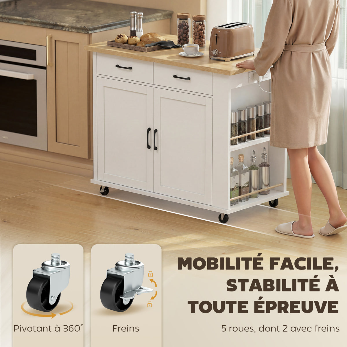 Îlot de Cuisine avec Station de Charge, Chariot de Cuisine à Roulettes avec Plan de Travail Rabattable, 2 Tiroirs, Blanc-7