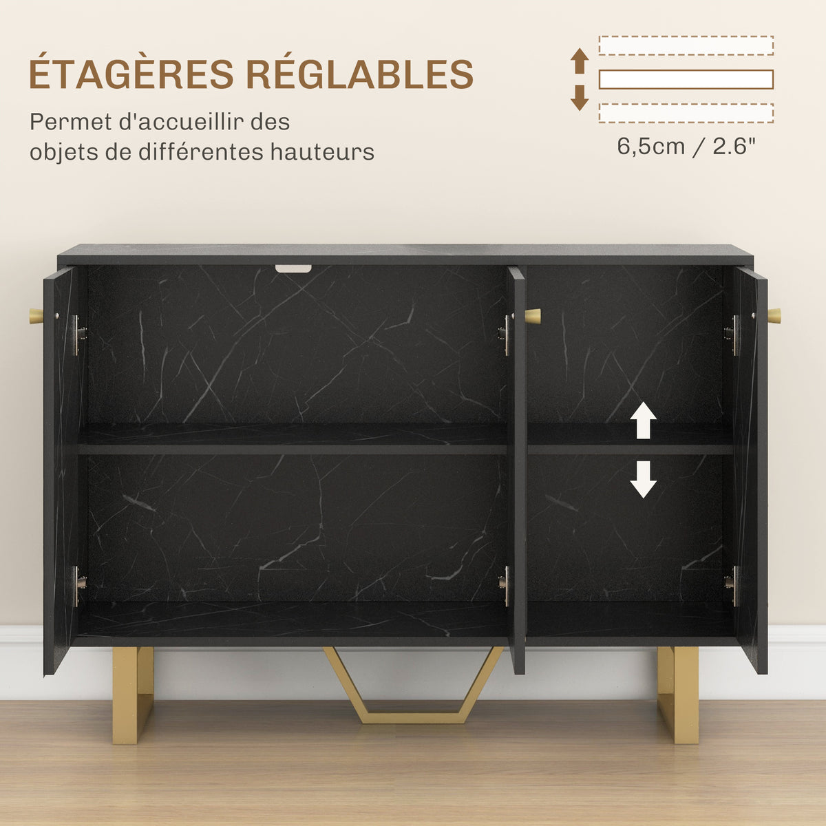Meuble de rangement buffet salon avec 2 placards 3 portes et étagère réglable, pieds en métal, aspect marbre noir-4
