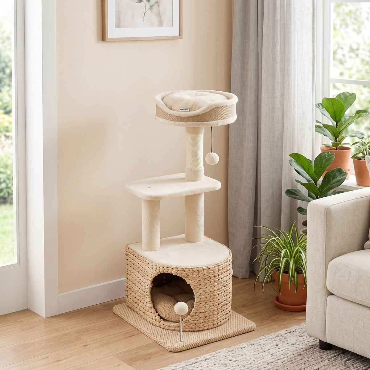 Arbre à Chat Design Moderne Style Tressé avec Griffoir 4 Niveaux Niche en Massette Perchoir en Jute 87 cm Beige-1