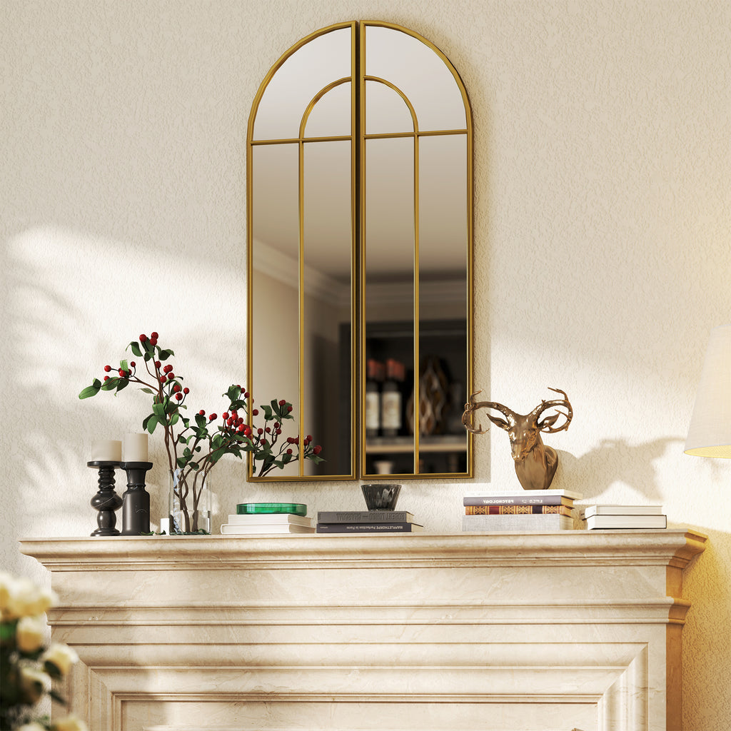 Miroir mural arc 30 x 120 cm, grand miroir décoratif avec cadre métallique, pour salon, chambre, couloir, ton doré-1