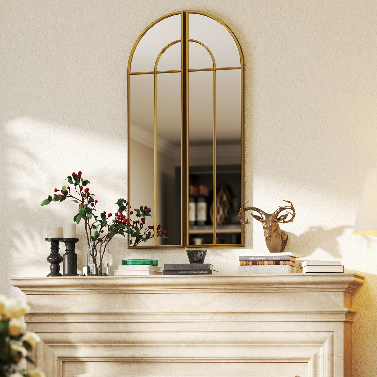 Miroir mural arc 30 x 120 cm, grand miroir décoratif avec cadre métallique, pour salon, chambre, couloir, ton doré-1