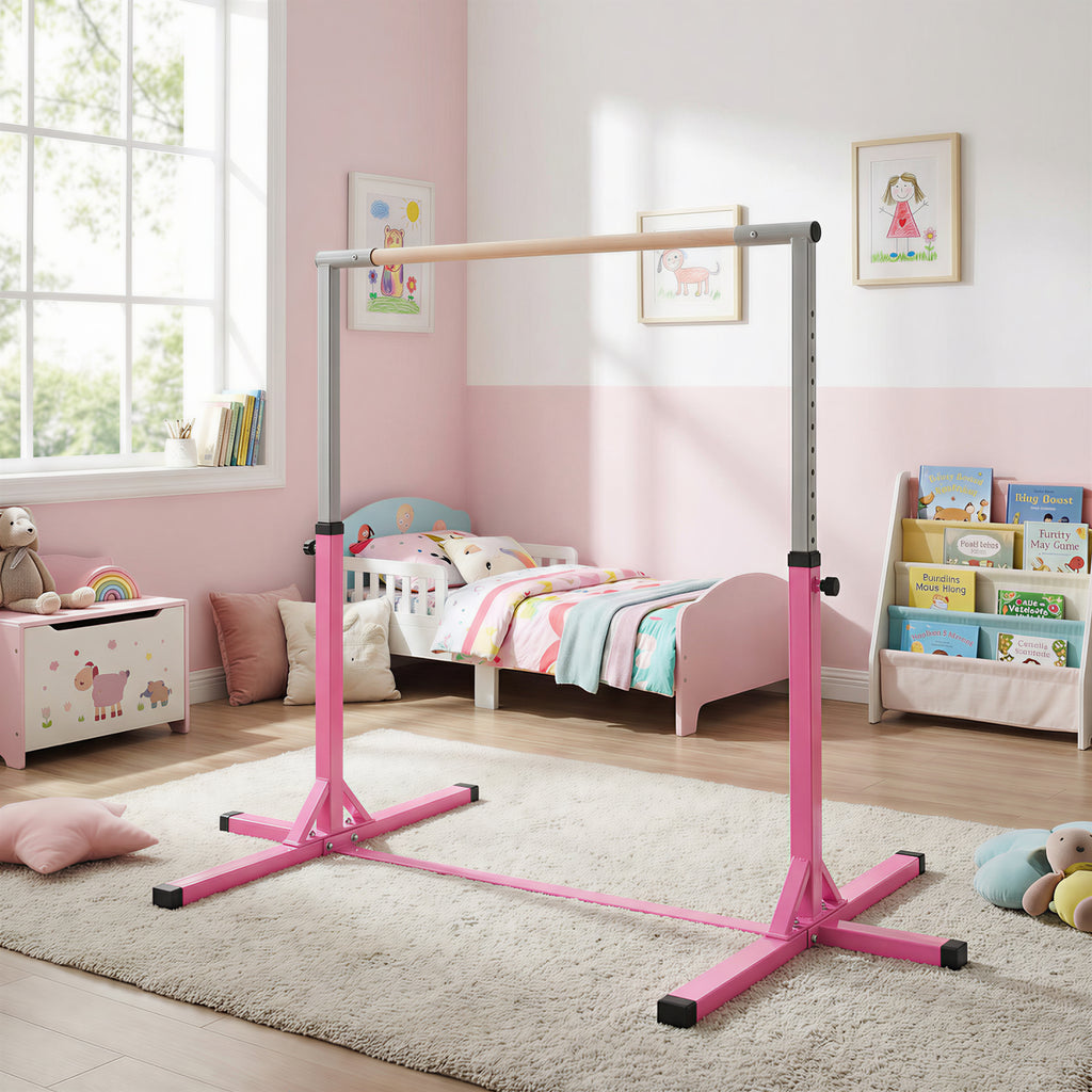 Barre Fixe de Gymnastique pour Enfant, Hauteur Réglable sur 13 Niveaux de 92-150 cm, en Acier et Bois de Hêtre, Barre de Gym d'Entraînement à Domicile, Antidérapant, Facile à Assembler, Rose-7