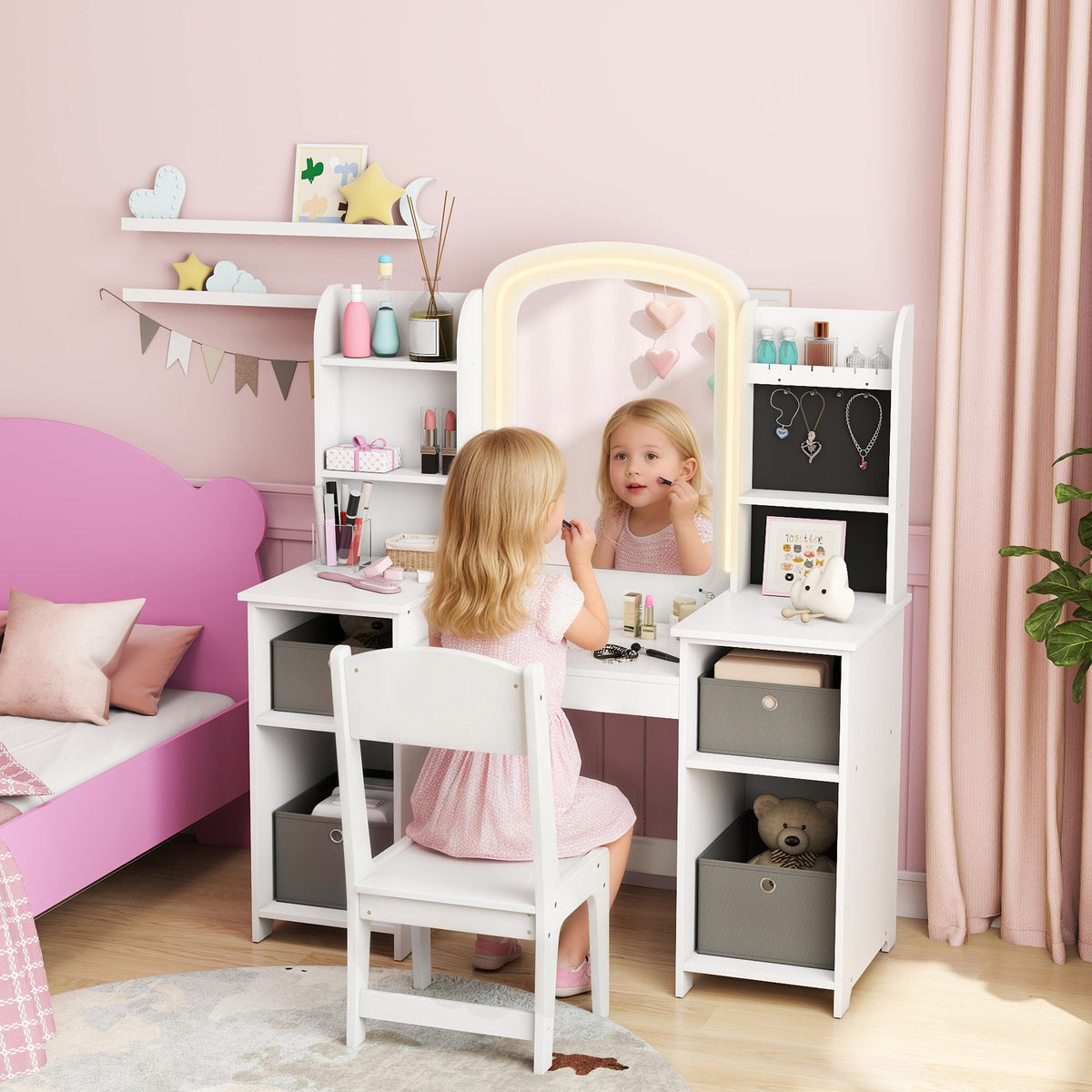 Coiffeuse pour enfants avec tabouret et miroir LED, table de maquillage pour 3 à 8 ans, 104 x 40 x 112 cm, blanc-1