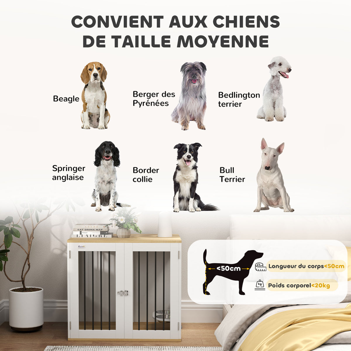 Cage pour chiens, table d'appoint, gamelles amovibles rotatives à 360° 2 portes pour chien moyenne 80x55x71,5cm blanc-6